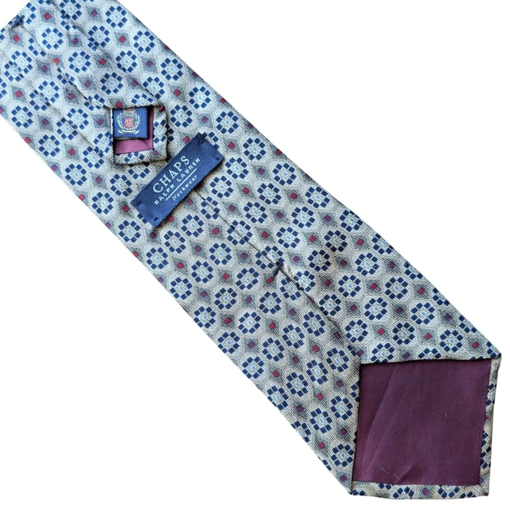 VTG Chaps‎ Ralph Lauren Men's Silk Necktie Geometric Pattern Tan Blue Red